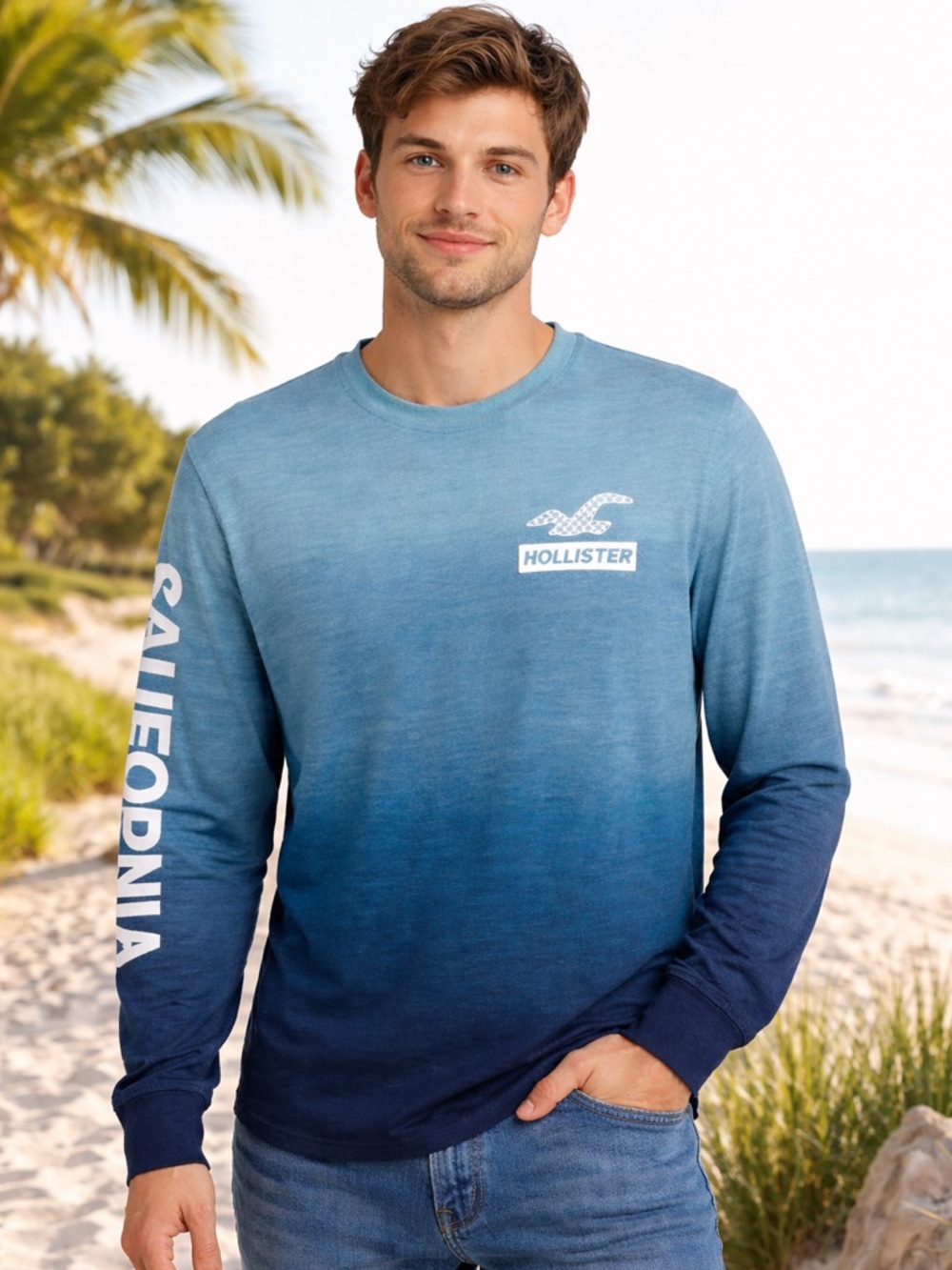 Hollister California Blue Ombre Long Sleeve Tee Sz L Coastal Graphic Logo Shirt